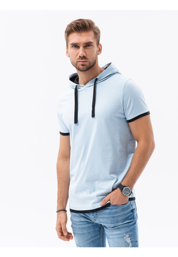 Ombre Clothing - T-shirt męski z kapturem bez nadruku S1376 - jasnoniebieski - XXL. Okazja: na co dzień. Typ kołnierza: kaptur. Kolor: niebieski. Materiał: bawełna, jersey, dzianina. Styl: klasyczny, casual