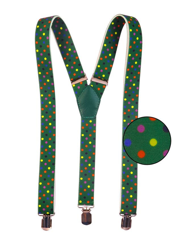 Modini - Zielone szelki w kolorowe kropki unisex X20. Kolor: zielony. Materiał: skóra, guma. Wzór: kolorowy, kropki