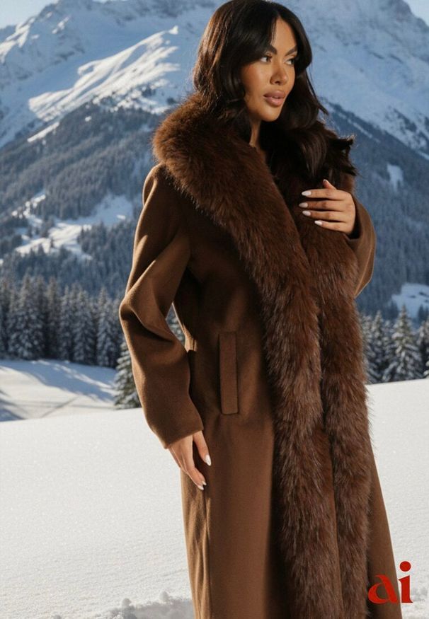 Renee - Brązowy Płaszcz z Odpinanym Futerkiem Lillvana. Okazja: na imprezę. Kolor: brązowy. Materiał: futro. Styl: elegancki