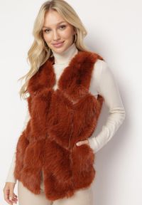 Born2be - Brązowo-Pomarańczowa Kamizelka Futrzana z Wstawkami z Ekoskóry Batliewa. Kolor: brązowy. Materiał: futro. Wzór: aplikacja #2
