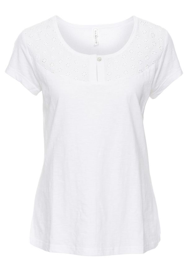 Shirt z ażurowym wzorem bonprix biały. Kolor: biały. Długość rękawa: krótki rękaw. Długość: krótkie. Wzór: ażurowy