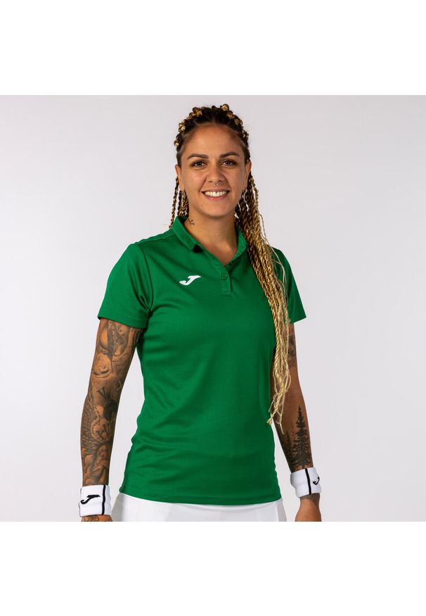 Koszulka polo do tenisa damska Joma Hobby. Typ kołnierza: polo. Kolor: zielony. Sport: tenis