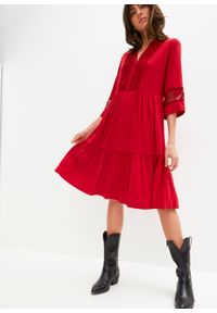 bonprix - Sukienka tunikowa z koronką. Kolor: czerwony. Materiał: koronka. Wzór: koronka