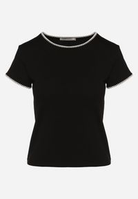 Born2be - Czarny Bawełniany T-shirt Ozdobiony Lamówką Elasia. Okazja: na co dzień. Kolor: czarny. Materiał: bawełna. Wzór: aplikacja. Styl: klasyczny, elegancki, casual #4