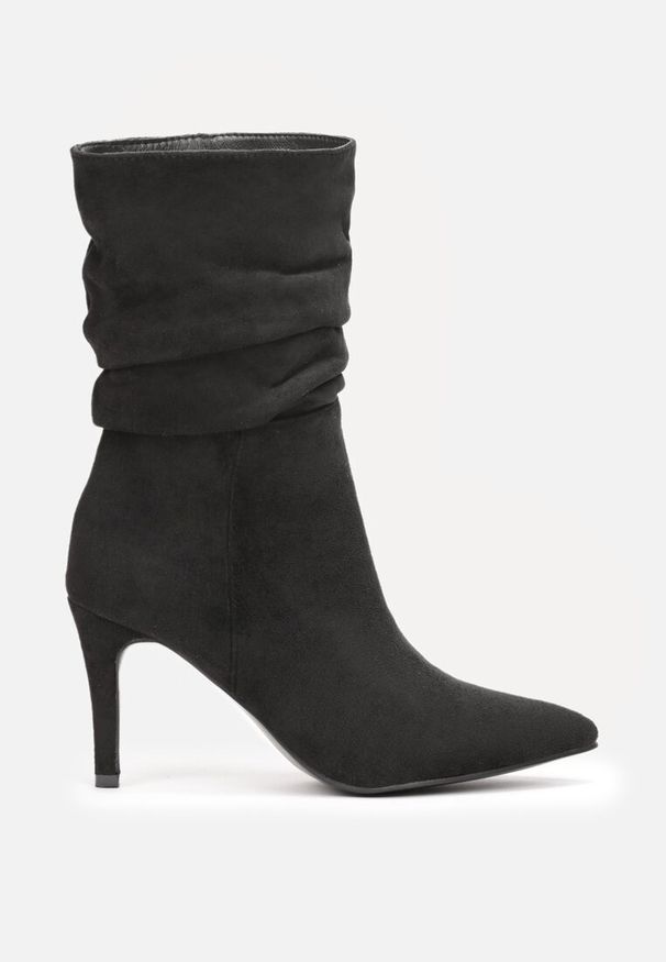 Born2be - Czarne Botki na Szpilce z Marszczeniem Mirah. Okazja: na co dzień, do pracy. Kolor: czarny. Materiał: jeans, zamsz. Obcas: na szpilce. Styl: casual, klasyczny, wizytowy