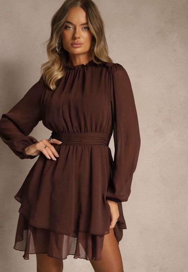 Renee - Brązowa Sukienka z Siateczki o Rozkloszowanym Kroju z Bufiastymi Rękawami Aziva. Okazja: na co dzień. Kolor: brązowy. Materiał: skóra. Typ sukienki: rozkloszowane, proste. Styl: casual