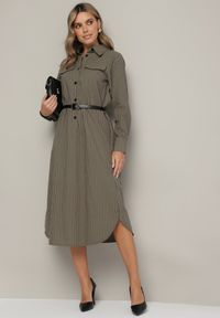 Born2be - Zielona Koszulowa Sukienka na Guziki z Paskiem i Imitacją Kieszeni Tintarra. Kolor: zielony. Typ sukienki: koszulowe. Styl: sportowy, klasyczny, elegancki #5