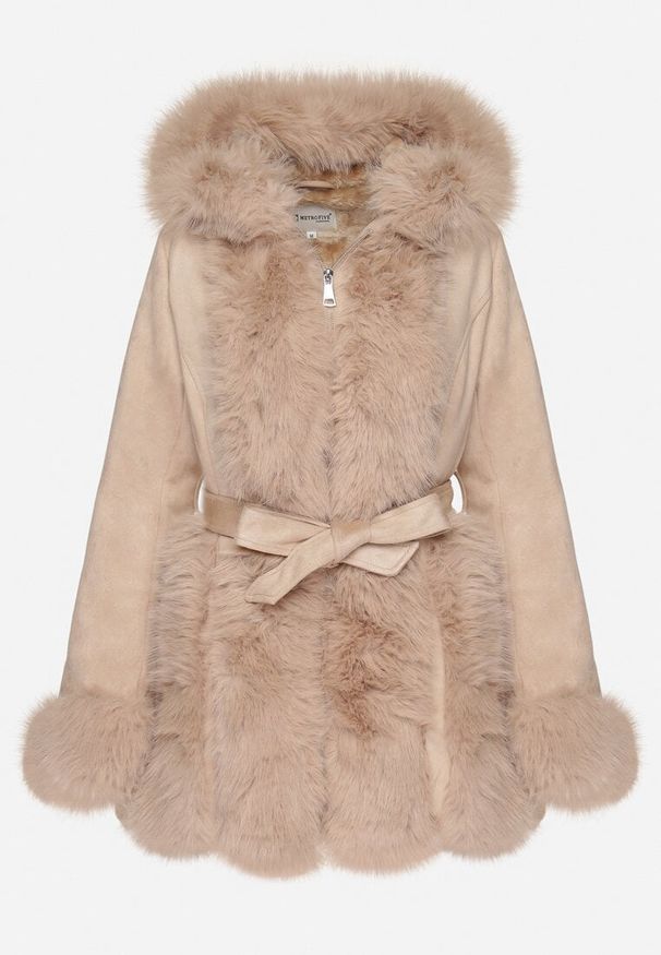 Born2be - Beżowa Futerkowa Kurtka Taliowana z Paskiem Kapturem i Kieszeniami Maivin. Kolor: beżowy. Materiał: jeans. Sezon: zima. Styl: elegancki, wizytowy