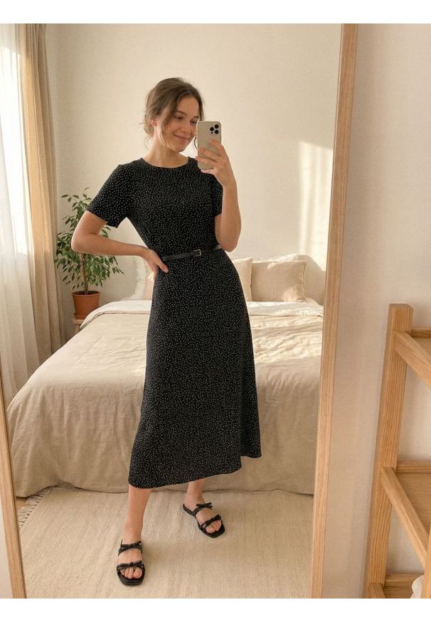 Sinsay - Wiskozowa sukienka midi z paskiem w groszki - wielobarwny. Materiał: wiskoza. Wzór: grochy. Długość: midi