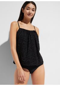 bonprix - Top tankini. Kolor: czarny. Materiał: koronka. Długość rękawa: na ramiączkach. Wzór: koronka