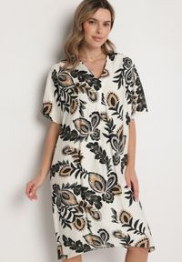 Born2be - Ciemnozielona Sukienka z Lnem i Wiskozą Ozdobiona Cyrkoniami Sadelune. Okazja: na co dzień. Typ kołnierza: dekolt w serek. Kolor: zielony. Materiał: wiskoza, len. Wzór: aplikacja. Styl: casual, elegancki, klasyczny #1