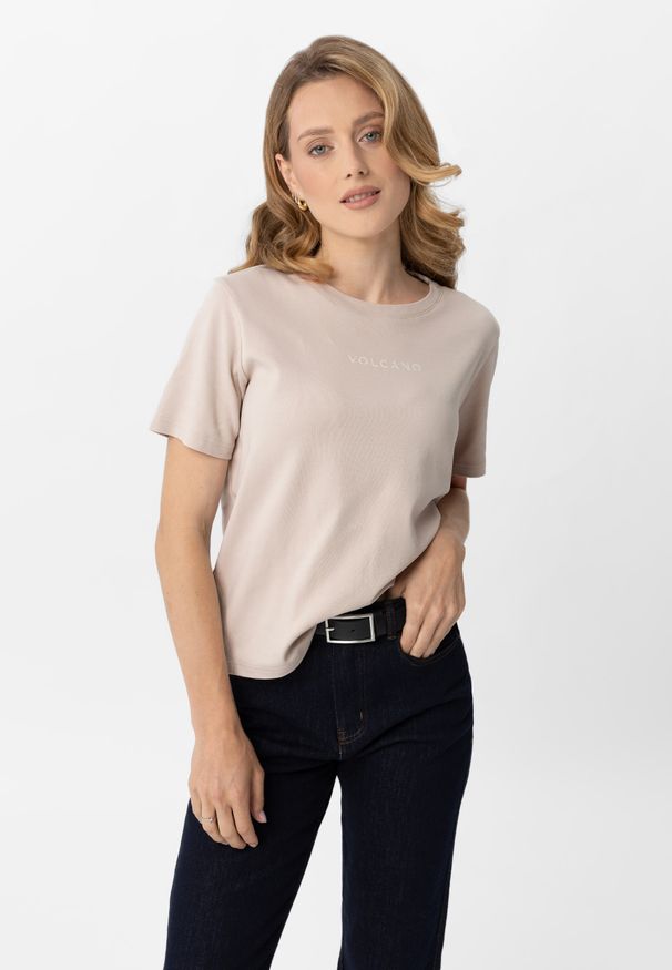 Volcano - Koszulka Comfort Fit T-AVI. Kolor: beżowy. Materiał: skóra, materiał, bawełna. Długość: krótkie. Wzór: napisy. Styl: klasyczny