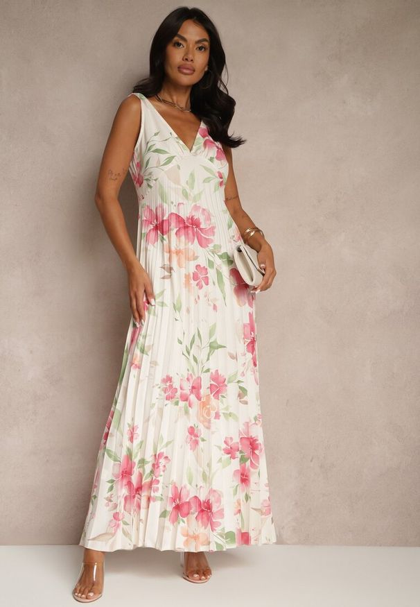 Renee - Beżowa Plisowana Sukienka o Rozkloszowanym Fasonie na Szerokich Ramiączkach Nitanela. Typ kołnierza: dekolt w serek. Kolor: beżowy. Materiał: materiał. Długość rękawa: na ramiączkach. Typ sukienki: plisowane. Styl: elegancki