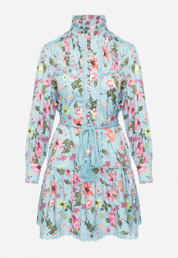 Born2be - Niebieska Koszulowa Sukienka ze Stójką i Falbanką Madalyn. Typ kołnierza: kołnierzyk stójkowy. Kolor: niebieski. Materiał: koronka. Typ sukienki: koszulowe