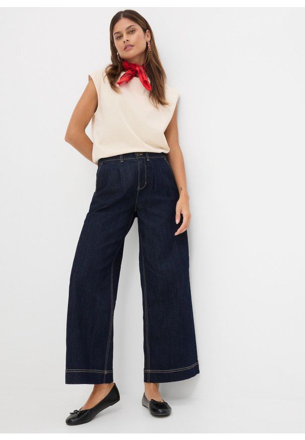 bonprix - Dżinsy o kroju wide leg, high waist z wygodnym pasem. Stan: podwyższony. Kolor: niebieski. Styl: elegancki