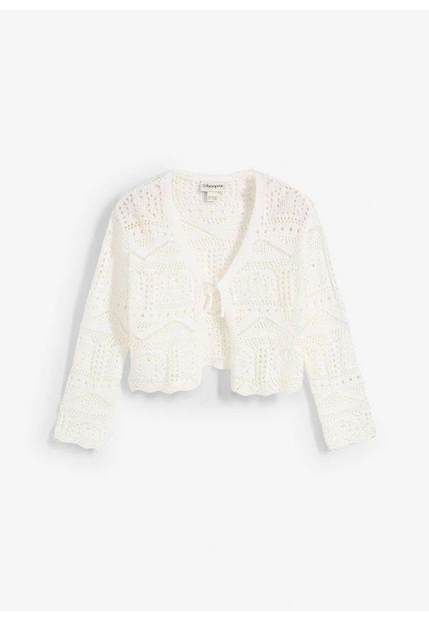 bonprix - Bolerko z haftem i rękawami 3/4. Kolor: biały. Materiał: dzianina. Wzór: haft