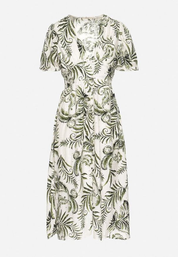 Born2be - Zielona Rozkloszowana Sukienka z Dekoltem w Serek Zdobiona Roślinnym Wzorem Evilirae. Okazja: na co dzień, na spotkanie biznesowe, do pracy. Typ kołnierza: dekolt w serek. Kolor: zielony. Wzór: aplikacja. Styl: casual, biznesowy