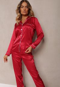 Renee - Bordowy Komplet Piżamowy Góra o Koszulowym Kroju z Guzikami Spodnie z Gumką w Talii Rivanias. Kolekcja: plus size. Kolor: czerwony. Długość: długie