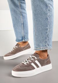 Born2be - Brązowe Skórzane Sneakersy Typu Klasyczne Tenisówki na Grubej Podeszwie Eleavine. Okazja: na co dzień, do pracy, na spacer. Kolor: brązowy. Materiał: skóra. Sport: turystyka piesza