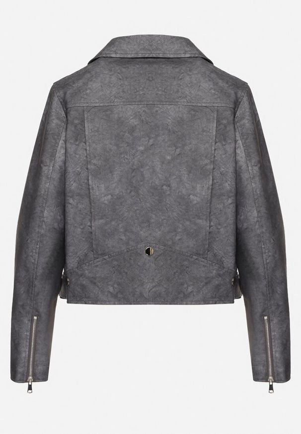 Born2be - Szara Kurtka Ramoneska z Kieszeniami i Paskiem z Klamrą Polvila. Okazja: na co dzień. Kolor: szary. Materiał: jeans. Długość rękawa: długi rękaw. Długość: długie. Styl: elegancki, casual, rockowy, klasyczny