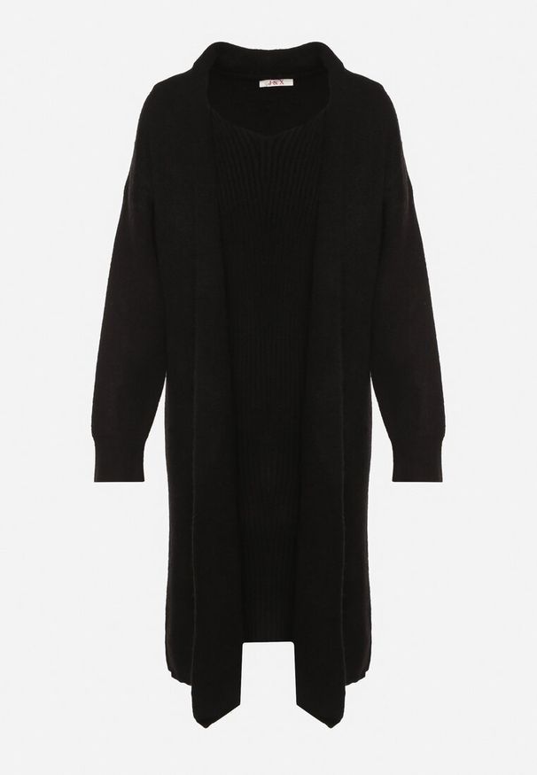 Born2be - Czarny Komplet Dzianinowy z Wełną Długi Kardigan i Sukienka w Prążki Falandrea. Kolor: czarny. Materiał: wełna, dzianina. Wzór: prążki