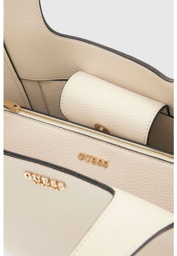 Guess - GUESS Beżowa shopperka damska Calista 2 In 1. Kolor: beżowy. Materiał: skórzane. Rozmiar: małe