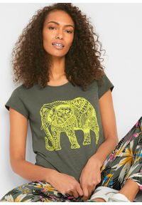 bonprix - Shirt bawełniany z nadrukiem z przodu, krótki rękaw. Kolor: zielony. Materiał: bawełna. Długość rękawa: krótki rękaw. Długość: krótkie. Wzór: nadruk