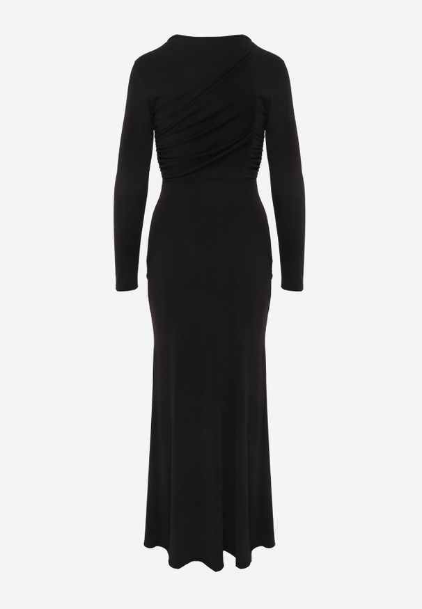 Renee - Czarna Koktajlowa Sukienka z Drapowaniem i Aplikacją z Cyrkoniami Corirephis. Okazja: na imprezę. Kolor: czarny. Wzór: aplikacja. Styl: wizytowy