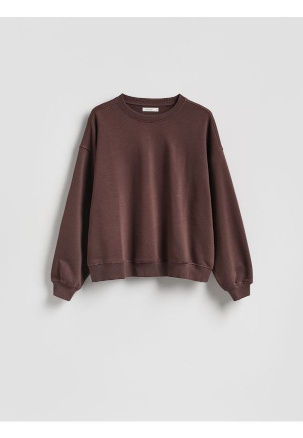 Reserved - Gładka bluza z bawełną - ciemnobrązowy. Kolor: brązowy. Materiał: bawełna. Wzór: gładki