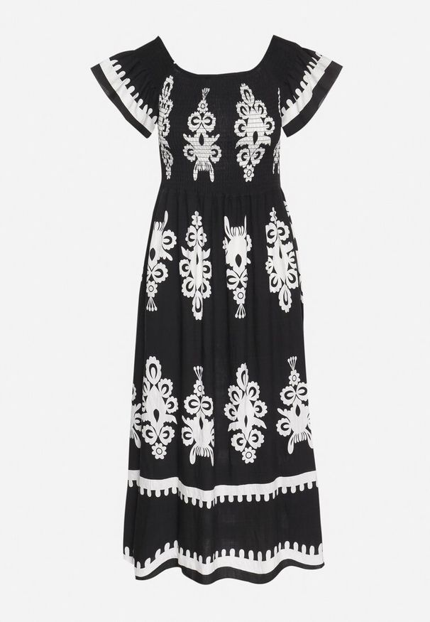 Born2be - Czarna Wiskozowa Sukienka w Ornamentalne Wzory o Rozkloszowanym Kroju Divessa. Kolor: czarny. Materiał: wiskoza. Długość rękawa: krótki rękaw. Typ sukienki: proste