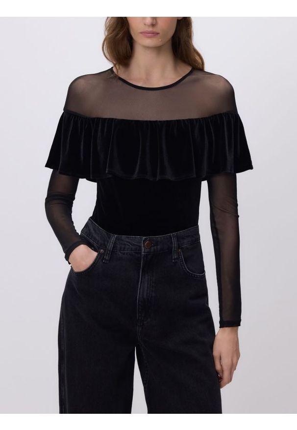 Reserved - Body z siateczkowymi wstawkami - czarny. Kolor: czarny. Materiał: dzianina, welur