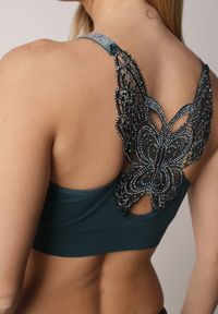 Born2be - Ciemnozielony Biustonosz z Koronką w Cyrkonie Liurada. Kolor: zielony. Materiał: koronka. Rodzaj stanika: wyciągane miseczki. Wzór: koronka #6