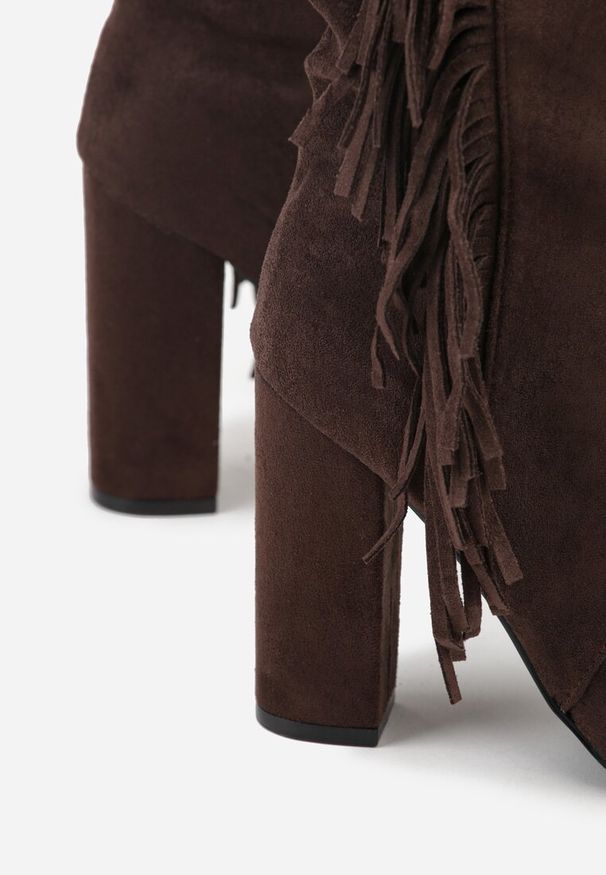 Renee - Brązowe Botki Kowbojki na Słupku z Frędzlami Reisetia. Kolor: brązowy. Materiał: jeans. Obcas: na słupku. Styl: elegancki