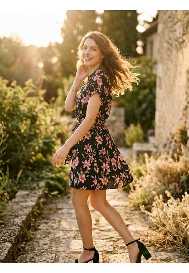 Sinsay - Wiskozowa sukienka mini z materiałowym paskiem w kwiaty - różowy. Kolor: różowy. Materiał: wiskoza, materiał. Wzór: kwiaty. Długość: mini