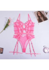 Intica - Komplet bielizny z koronką i siateczkowymi wstawkami Yahavit. Kolor: różowy. Materiał: koronka. Wzór: koronka