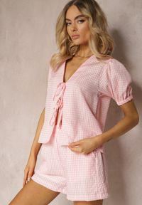 Renee - Różowy Komplet Koszula z Wiązaniem i Bufiastymi Rękawami Szorty z Gumką w Talii Lisacella. Kolor: różowy #3