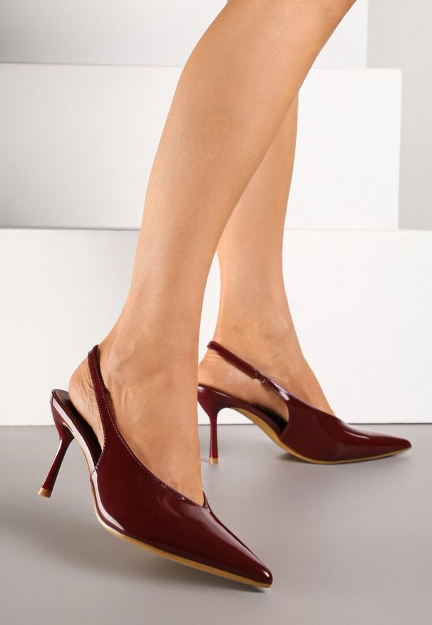 Renee - Bordowe Lakierowane Sandały na Szpilce Typu Slingback Addoxie. Okazja: na co dzień, na spacer. Kolor: czerwony. Materiał: lakier. Obcas: na szpilce. Styl: elegancki, casual. Wysokość obcasa: średni