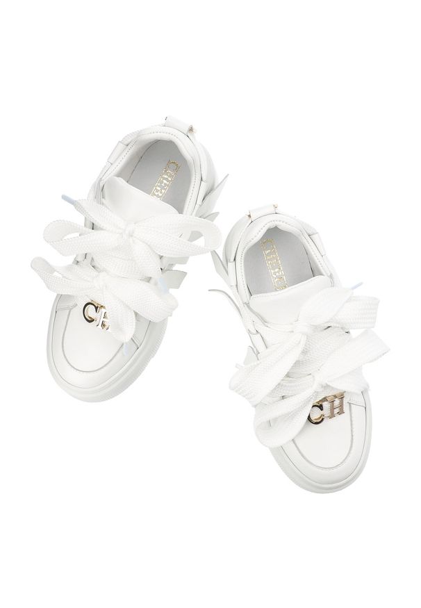 CheBello - Białe Sneakersy Chebello Modne Obuwie Damskie Na Platformie. Zapięcie: pasek. Kolor: biały. Materiał: materiał, skóra. Wzór: paski. Obcas: na platformie. Styl: elegancki
