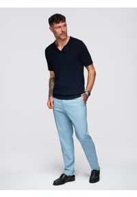 Ombre Clothing - Koszulka męska polo bez guzików z klasycznym splotem – granatowa V1 - Rozmiar: L. Typ kołnierza: polo. Kolor: niebieski. Materiał: wiskoza, dzianina, materiał, elastan, nylon. Wzór: ze splotem. Styl: klasyczny #8