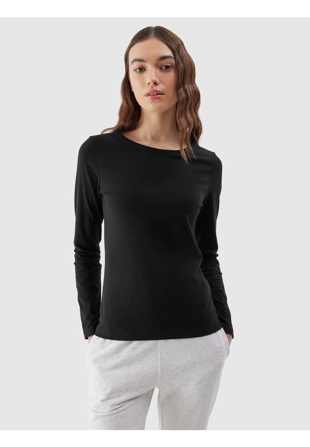 4f - Longsleeve slim gładki damski - czarny. Okazja: na co dzień. Kolor: czarny. Materiał: jersey, dzianina, bawełna, elastan, materiał. Długość rękawa: długi rękaw. Długość: długie. Wzór: gładki. Styl: sportowy, casual