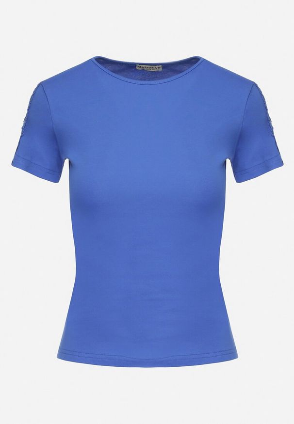 Born2be - Niebieski Bawełniany T-shirt z Ażurową Wstawką Elvinna. Kolor: niebieski. Materiał: bawełna. Wzór: ażurowy