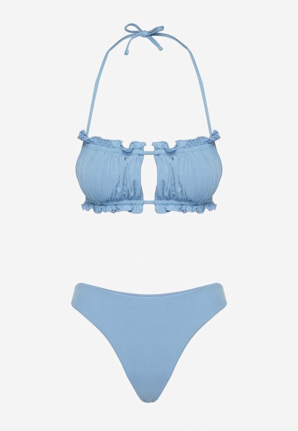 Born2be - Jasnoniebieskie Bikini Wiązany Biustonosz z Marszczeniem Majtki Typu Figi Folilisse. Kolor: niebieski. Wzór: aplikacja