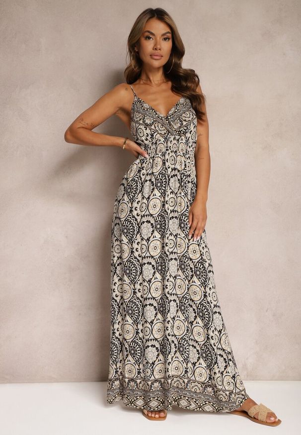 Renee - Czarno-Beżowa Sukienka w Stylu Boho na Ramiączkach z Gumką w Talii Felorea. Kolor: czarny. Materiał: tkanina. Długość rękawa: na ramiączkach. Sezon: lato. Styl: boho