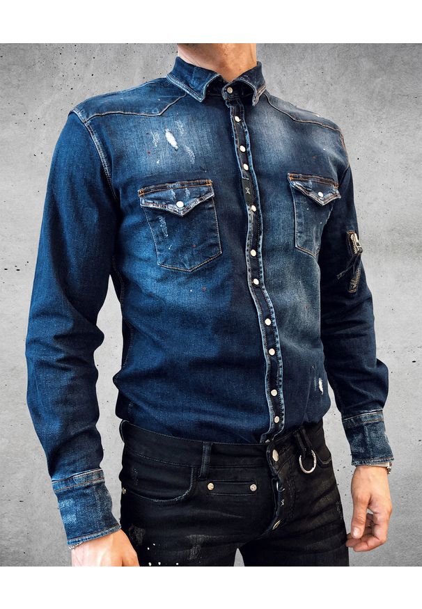 GUNS & TUXEDOS - Granatowa koszula jeansowa Riot. Kolor: niebieski. Materiał: jeans. Długość rękawa: długi rękaw. Długość: długie