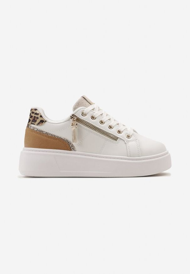Born2be - Biało-Złote Sneakersy na Platformie Ozdobione Suwakami Halimedia. Nosek buta: okrągły. Zapięcie: sznurówki. Kolor: biały. Materiał: materiał. Wzór: aplikacja. Obcas: na platformie. Wysokość obcasa: niski