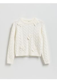 Reserved - Dzianinowy sweter z kokardami - złamana biel. Typ kołnierza: kokarda. Materiał: dzianina