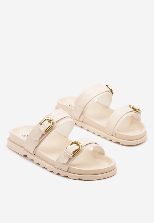 Born2be - Beżowe Klapki z Klamrami Falazi. Okazja: na plażę, na co dzień. Kolor: beżowy. Materiał: jeans. Styl: casual