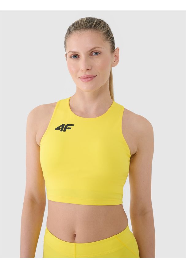 4f - 4F Biustonosz treningowy ze średnim wsparciem damski - żółty L. Kolor: żółty. Materiał: dzianina, elastan, włókno, syntetyk, materiał, guma. Rodzaj stanika: wyciągane miseczki. Wzór: gładki, jednolity, ze splotem. Sport: fitness, bieganie, kolarstwo