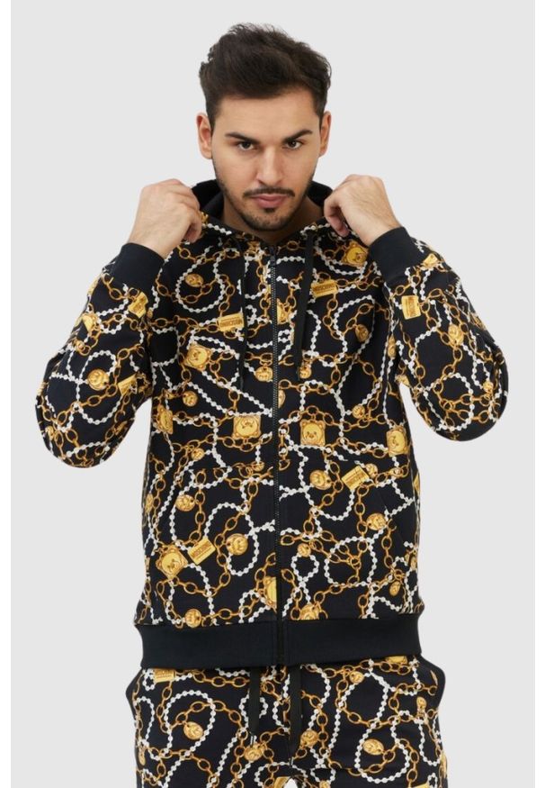 MOSCHINO Rozpinana bluza męska w złote łańcuchy, Rozmiar XL. Typ kołnierza: kaptur. Kolor: czarny. Materiał: prążkowany