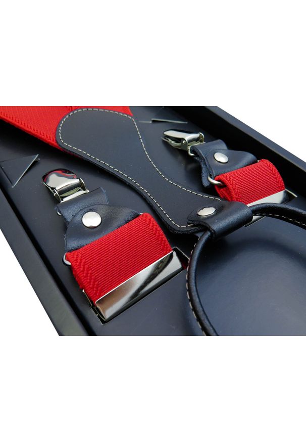 Modini - Długie czerwone szelki męskie XL2. Kolor: czerwony. Materiał: skóra, guma